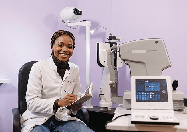 An eye specialist at the examination equipment, making notes between patients