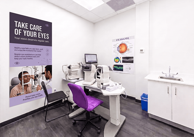 A consulting room at the clinic, with examination equipment and an eye analysis chart on the wall