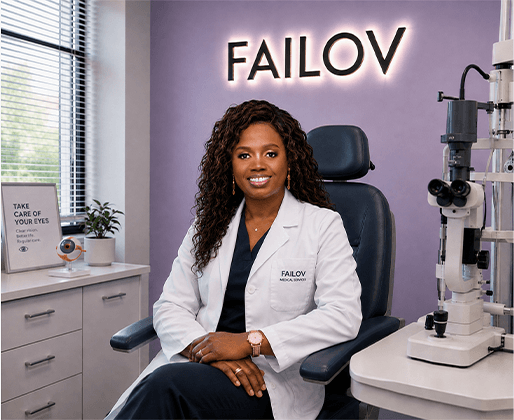 A clinician in a Failov Eye Care coat beside the examination chair and slit lamp, under the Failov sign in the consulting room