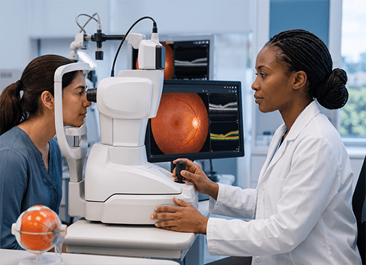 A patient being scanned, the optic nerve and cross-section shown on the screen beside her
