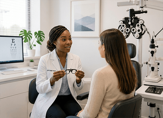 An optometrist talking a patient through her results, trial frame in hand